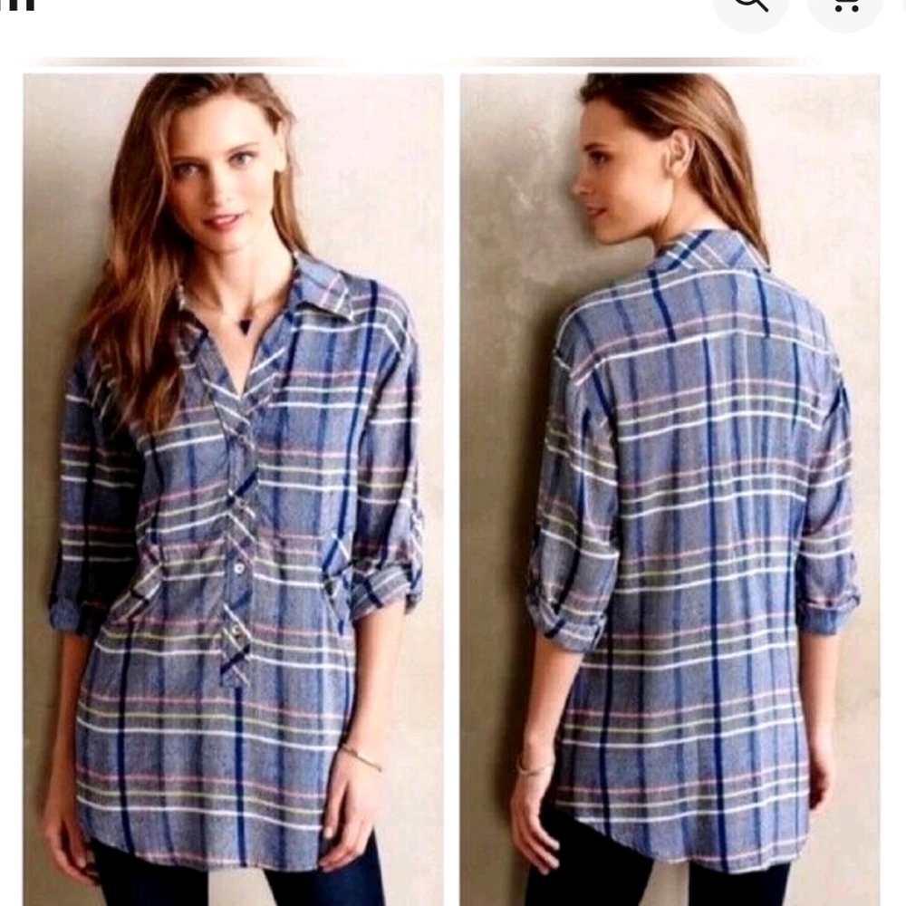 Anthropologie Plenty by Tracy Reese Blue Plaid Button-Up Top